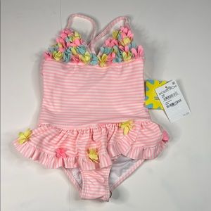 Little Me Toddler Girls' Pink Stripe and Floral‎ Ruffle One Piece Swimsuit